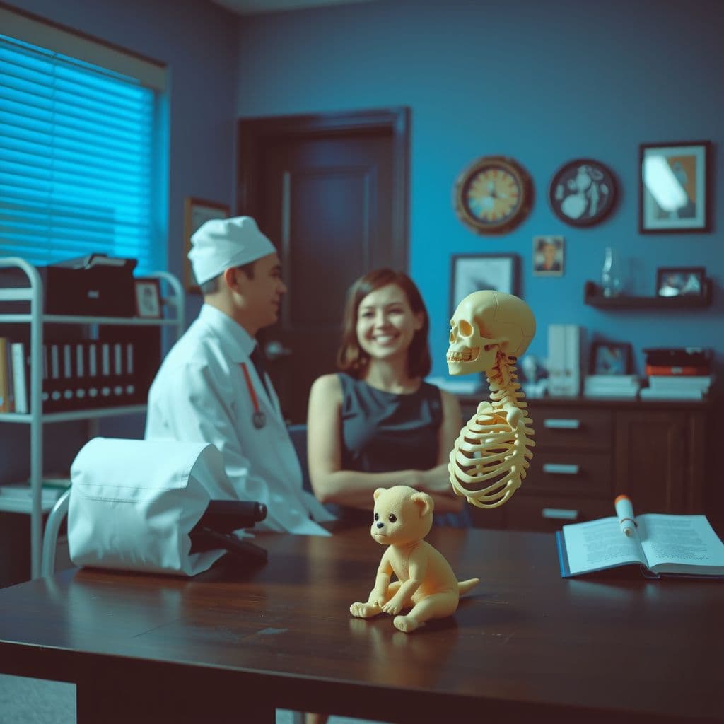 Surreal dream scene, cinematic and atmospheric, digital art: A patient sits in a bright doctor's office with their smiling family nearby, holding a small stuffed animal shaped like a mother and baby, while a slightly crooked 3D-printed skeleton model with a skewed neck rests on the table, and a doctor explains scans and mixed-up medical shots intended to heal a damaged spine.