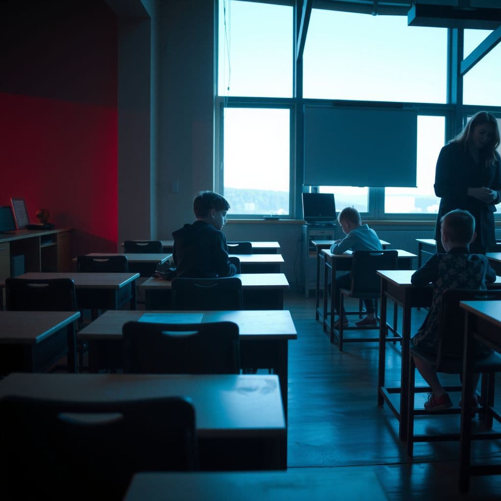 Surreal dream scene, cinematic and atmospheric, digital art: A young student sitting alone at a classroom desk, looking thoughtful and a little isolated, while other children eagerly engage in advanced lessons around them.