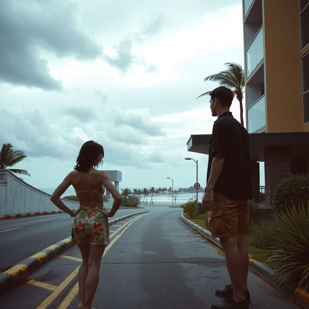 Surreal dream scene, cinematic and atmospheric, digital art: A surreal Polynesian-themed hotel with translucent, paper-thin walls revealing shifting dimensions, guarded by a wary woman and young man who seem otherworldly, set against a backdrop of winding, roller-coaster-like roads leading to a mysterious beach resort under an overcast sky.