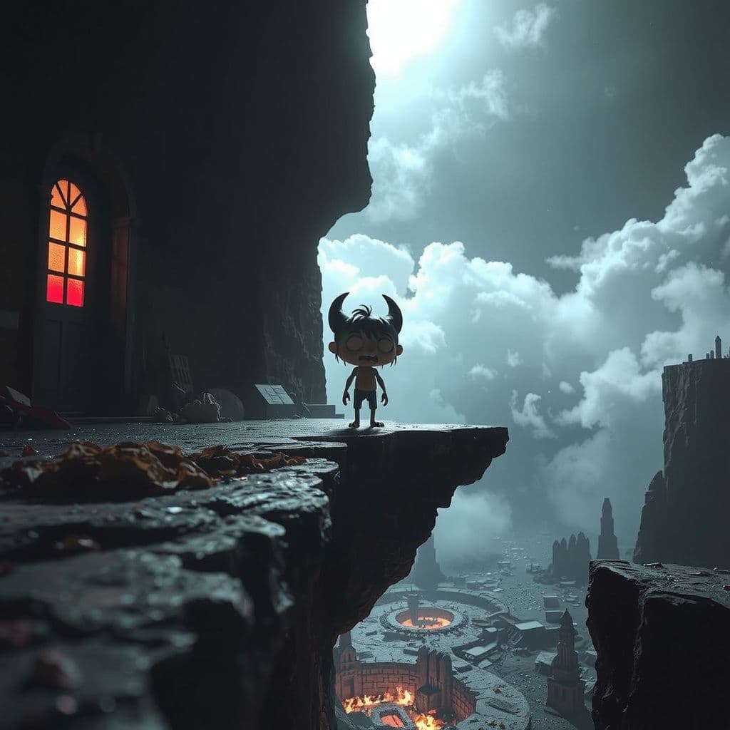Surreal dream scene, cinematic and atmospheric, digital art: A weary cartoon-like creature stands on a narrow ledge above a bottomless hellish pit, surrounded by surreal landscapes blending dark, ominous tones with whimsical, brightly colored elements, evoking a mysterious and somber yet slightly humorous atmosphere.