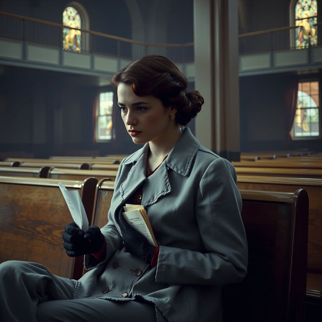 Surreal dream scene, cinematic and atmospheric, digital art: A World War II American undercover operative, disguised as an innocent woman, nervously hiding small folded letters inside her gloves while sitting in a church-like room filled with wooden pews during a tense Nazi search.