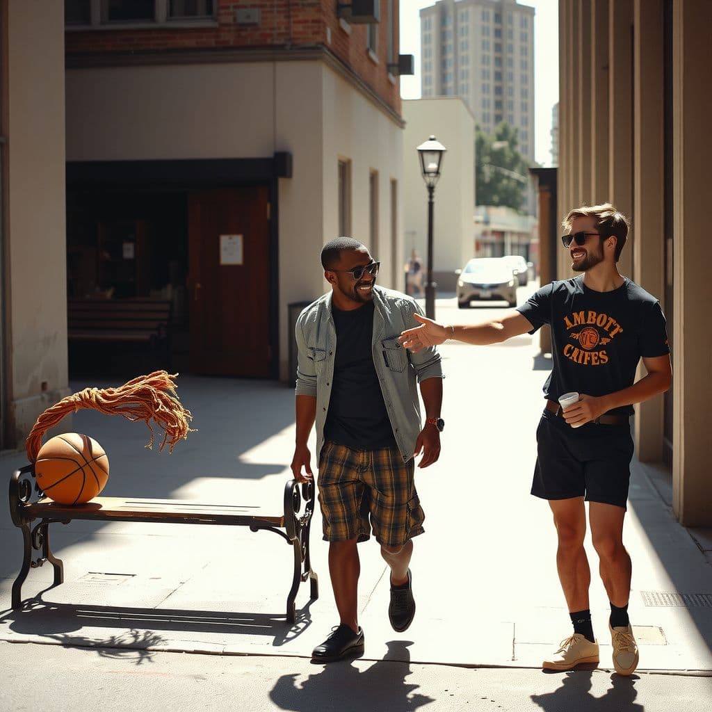 Surreal dream scene, cinematic and atmospheric, digital art: A playful street scene where a man humorously bounces a set of locks onto a bench like a basketball while two diverse friends share a lighthearted moment, one extending a handshake with a warm smile under soft afternoon light.
