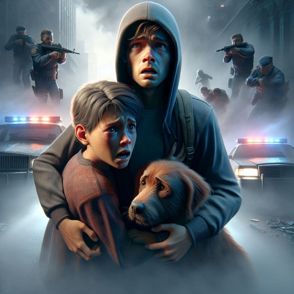 Digital art 4k scene from a movie: As the police sirens grew closer, the younger sibling grabbed their family dog and begged their brother to flee with them, promising to go on the run together to avoid the impending justice for the crime he had committed.