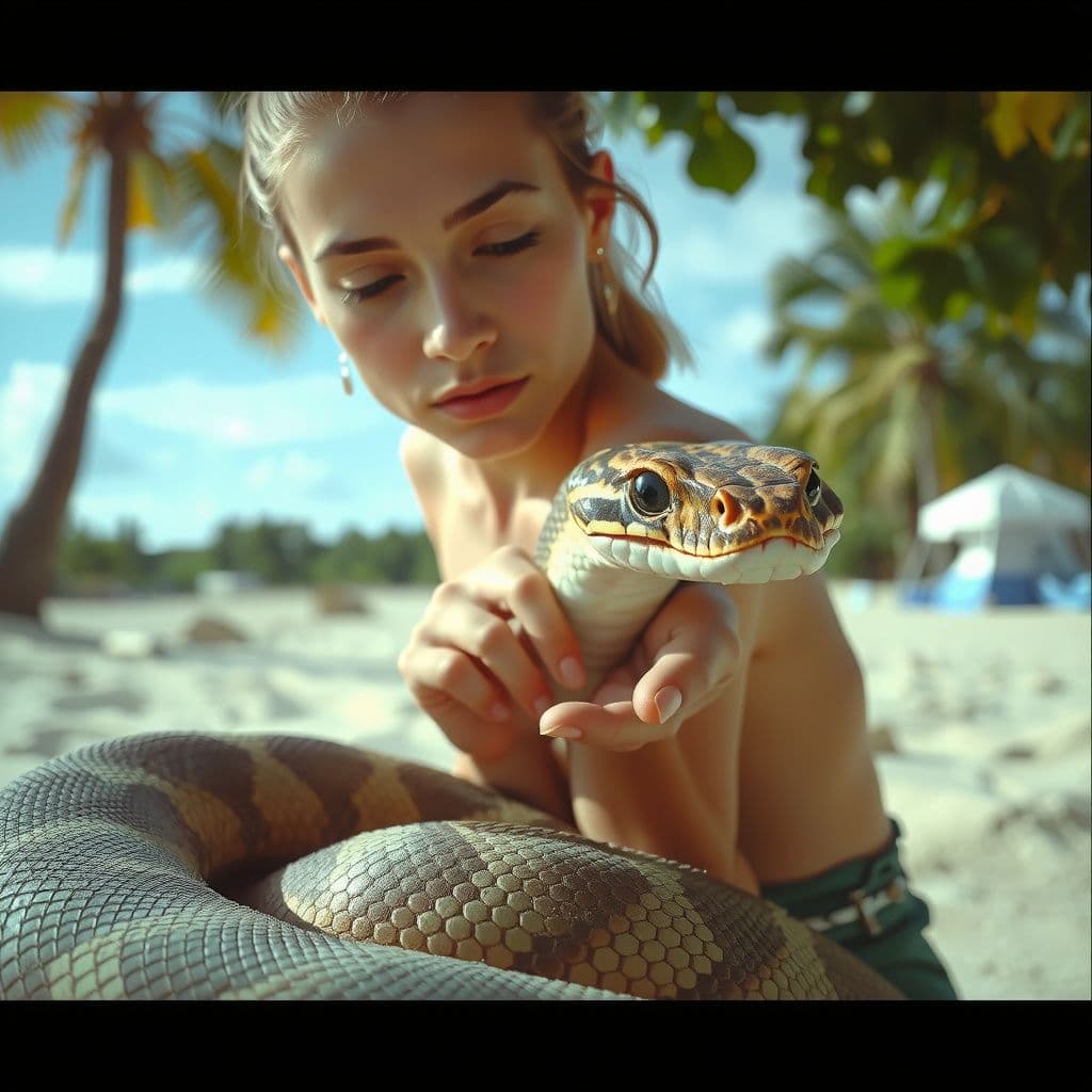 Surreal dream scene, cinematic and atmospheric, digital art: A young woman gently holding a strong, coiled king cobra with small horns near the sand in a tropical setting, showing compassion despite the snake’s defensive posture.