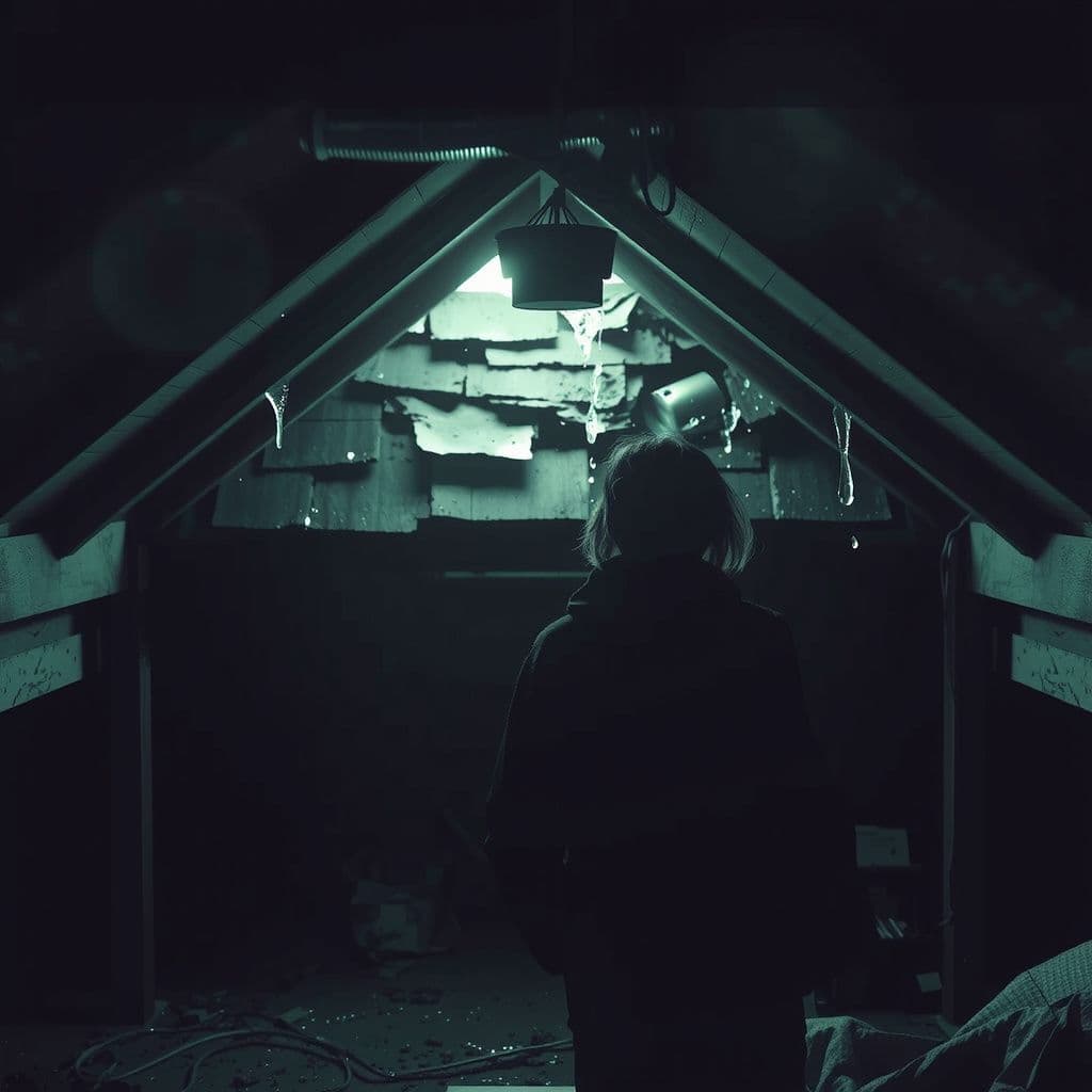 Surreal dream scene, cinematic and atmospheric, digital art: A person cautiously inspecting an attic with visible water damage and leaking roof, surrounded by wooden beams and dim light filtering through damaged shingles, capturing a sense of urgency and concern.