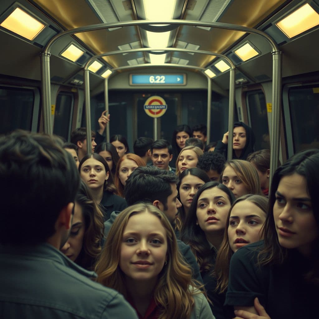 Surreal dream scene, cinematic and atmospheric, digital art: A crowded London Underground train packed with a diverse, anxious crowd pressed together in a tense, claustrophobic atmosphere, illuminated by flickering lights and the eerie glow of perfect, youthful faces frozen in vacant smiles among the panicked passengers.