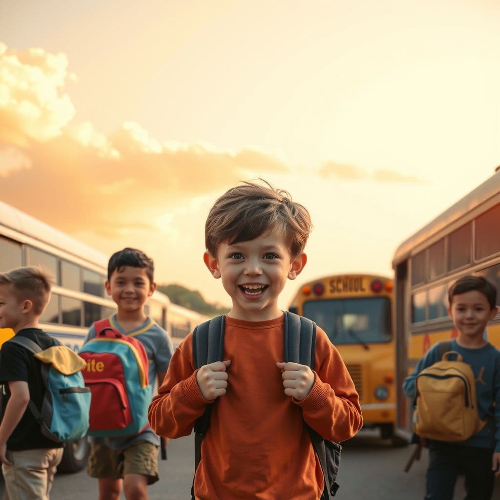 Surreal dream scene, cinematic and atmospheric, digital art: A dreamy, slightly fragmented scene of a young boy named Luke excitedly preparing for a colorful school trip, with backpacks, buses, and smiling classmates under a soft morning sky.