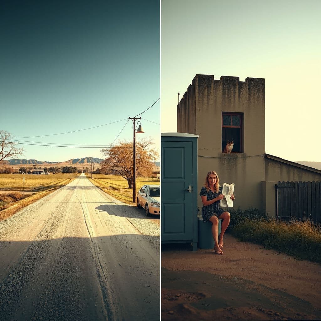 Surreal dream scene, cinematic and atmospheric, digital art: A nostalgic rural scene depicting two diverging dirt roads from the present and the 1980s, with a small police station between them, where a woman is sitting on an outdoor rustic restroom holding an old newspaper, while nearby a cement building houses a woman with a cat, all surrounded by soft natural lighting and a quiet countryside atmosphere.