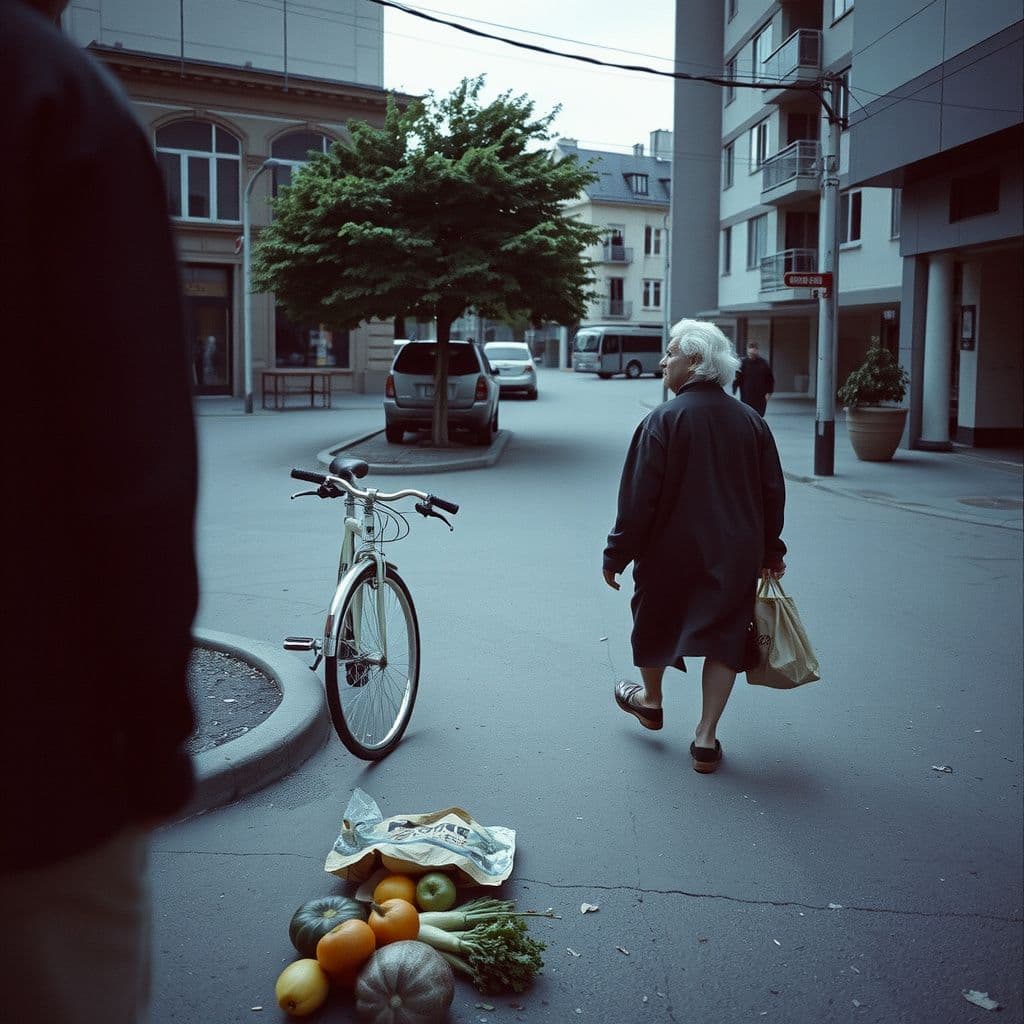 Surreal dream scene, cinematic and atmospheric, digital art: A serene daytime urban scene showing a person carrying a bicycle with a flat tire down a quiet road, meeting a friendly white-haired man while scattered fresh vegetables lie near a dropped bag, with subtle hints of casual encounters and a thoughtful atmosphere.