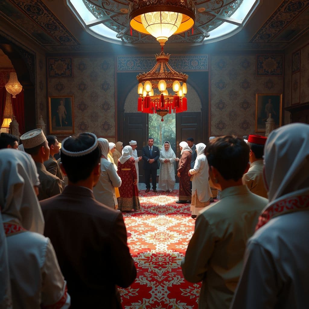 Surreal dream scene, cinematic and atmospheric, digital art: A joyful Islamic wedding scene depicting a diverse group of people celebrating in traditional attire inside a warmly decorated home with intricate patterns and soft lighting, capturing a sense of respect, unity, and cultural richness.