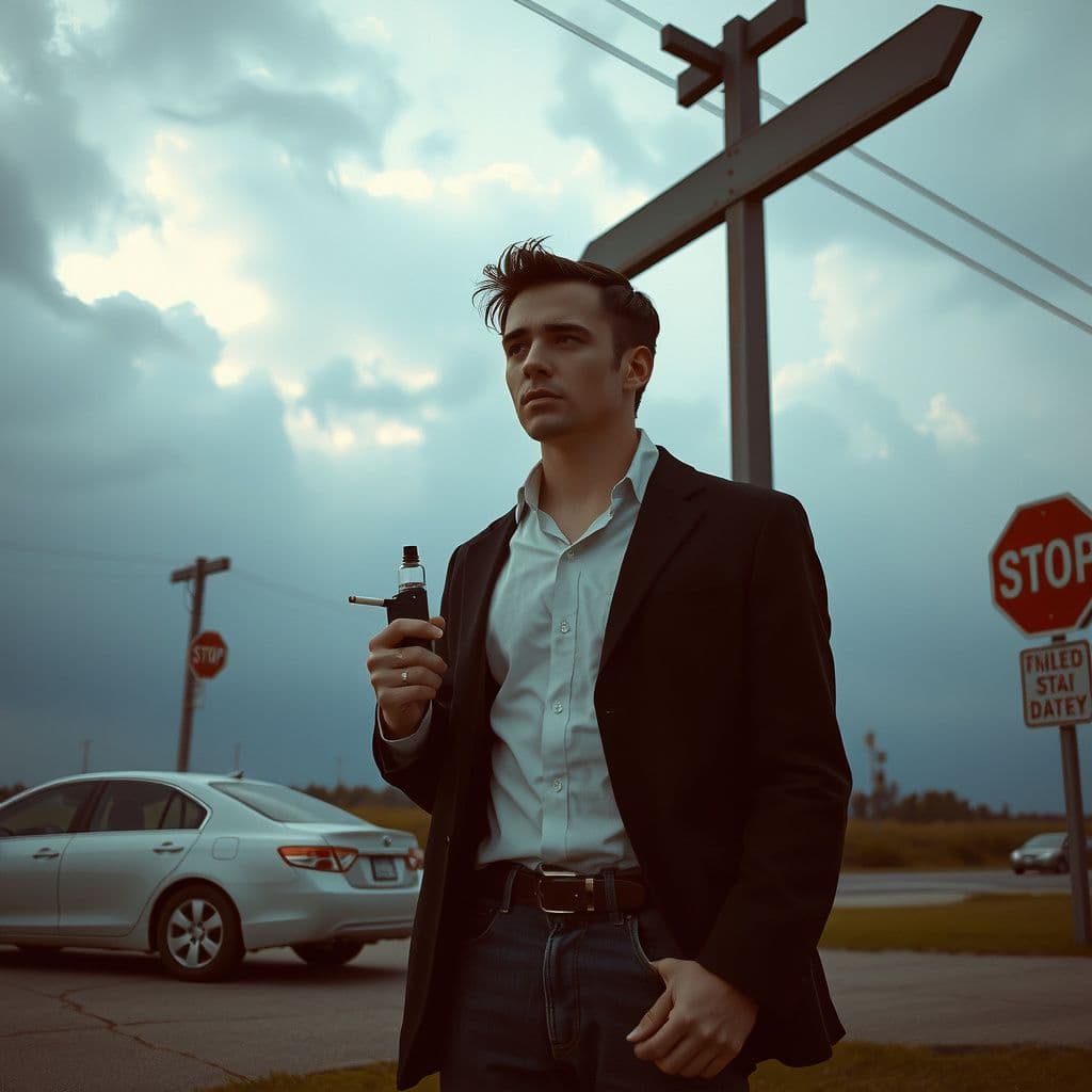 Surreal dream scene, cinematic and atmospheric, digital art: A person standing at a crossroads, holding a cigarette in one hand and a vape in the other, with a thoughtful expression under a cloudy sky.