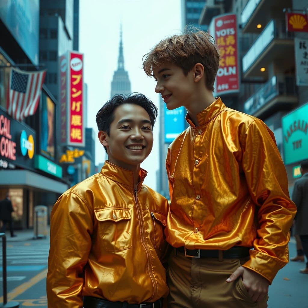 Surreal dream scene, cinematic and atmospheric, digital art: Aaron and his cousin share a joyful moment in a bustling cityscape, both dressed in shimmering golden outfits that magically change patterns to conceal their family secret, while the atmosphere radiates warmth and happiness.
