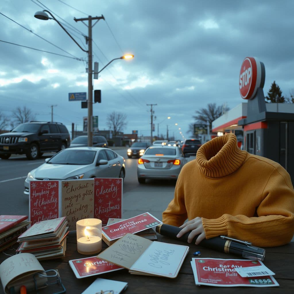 Surreal dream scene, cinematic and atmospheric, digital art: A serene suburban street cluttered with abandoned Christmas cards covered in mysterious scribbles, a bent vape pen lying on a cluttered table, and a busy gas station surrounded by heavy traffic congestion with a distinctive high-collared sweater draped over a pump.