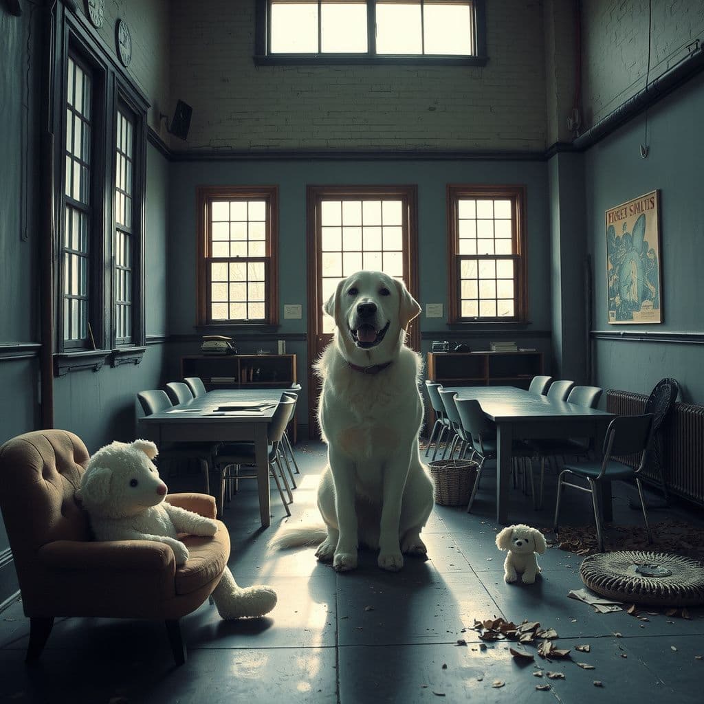 Surreal dream scene, cinematic and atmospheric, digital art: A serene scene inside an abandoned, ghostly high school room where a large, magical white dog transforms between a real gentle companion and a soft stuffed animal, with a friendly person calmly interacting with it amidst fading sunlight and remnants of forgotten times.