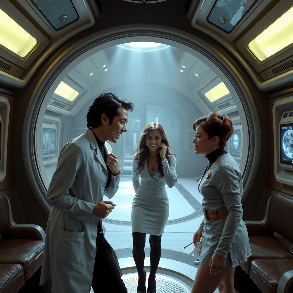 Surreal dream scene, cinematic and atmospheric, digital art: A warm, joyful scene aboard a starship quarters where Doctor Crusher, her girlfriend, and a rescued woman are laughing together before a sudden, mysterious alien transport event begins to fade them from view, contrasted with a calm mediation moment on a peaceful, caste-based alien planet where Counselor Troi engages with locals to negotiate the doctor's release.