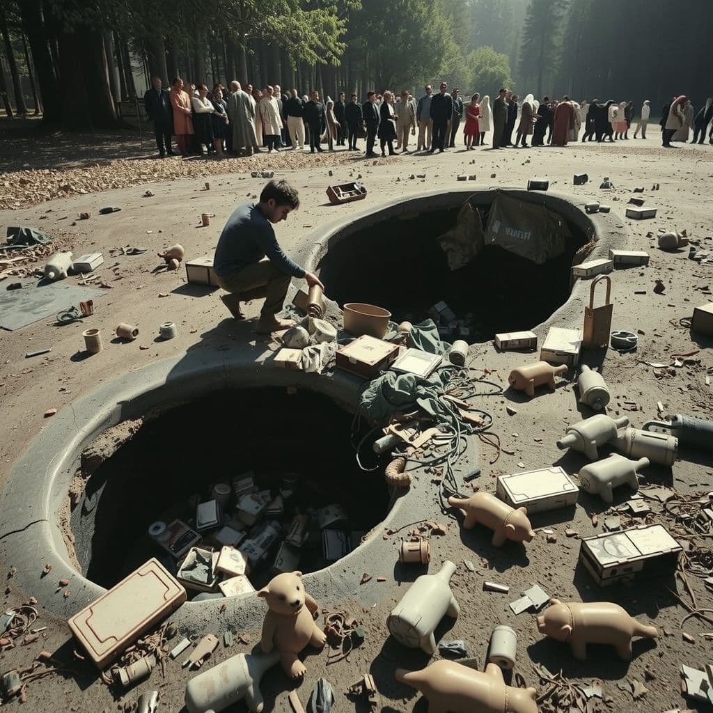 Surreal dream scene, cinematic and atmospheric, digital art: A nostalgic scene of a person carefully cleaning and restoring two deep, trash-filled holes near a swamp, surrounded by scattered childhood toys and a gentle crowd observing, under soft natural light.