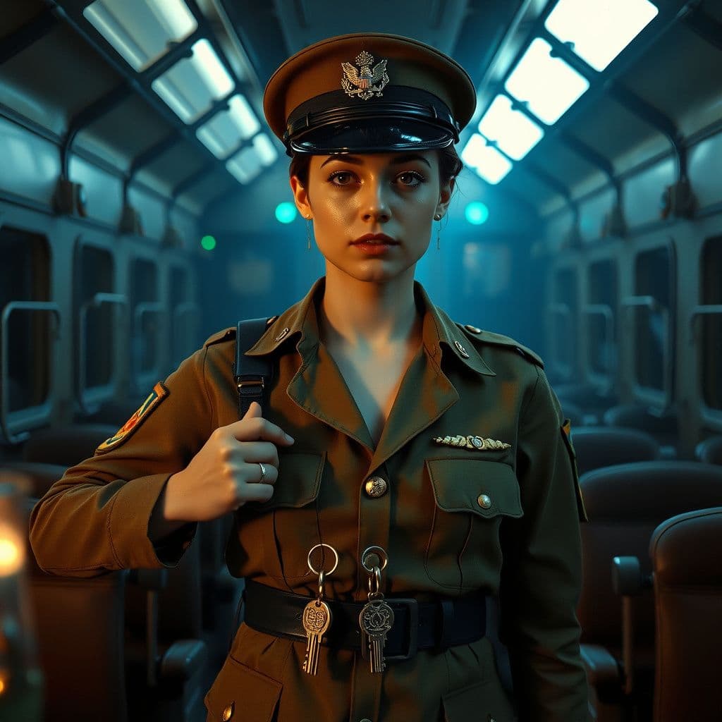 Surreal dream scene, cinematic and atmospheric, digital art: A determined female sergeant in military uniform stands confidently aboard a vintage train, carefully checking her team and their gear under soft green indicator lights, with two keys hanging on necklaces around her neck and a thoughtful expression as she prepares for a crucial mission.