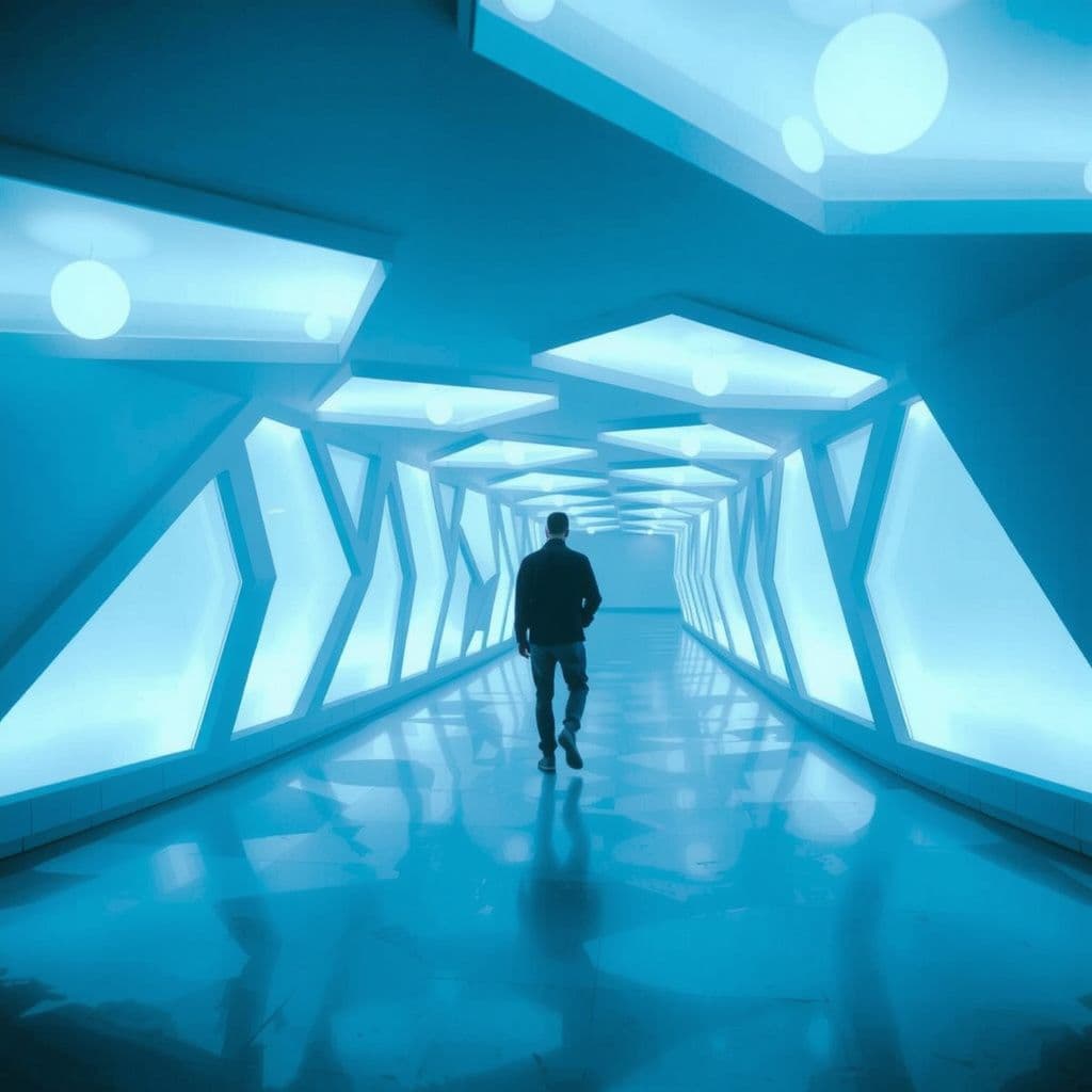 Surreal dream scene, cinematic and atmospheric, digital art: A person walking through a hallway illuminated by soothing blue geometric patterns, evoking a calm and dreamlike atmosphere filled with gentle awareness and serene lucidity.