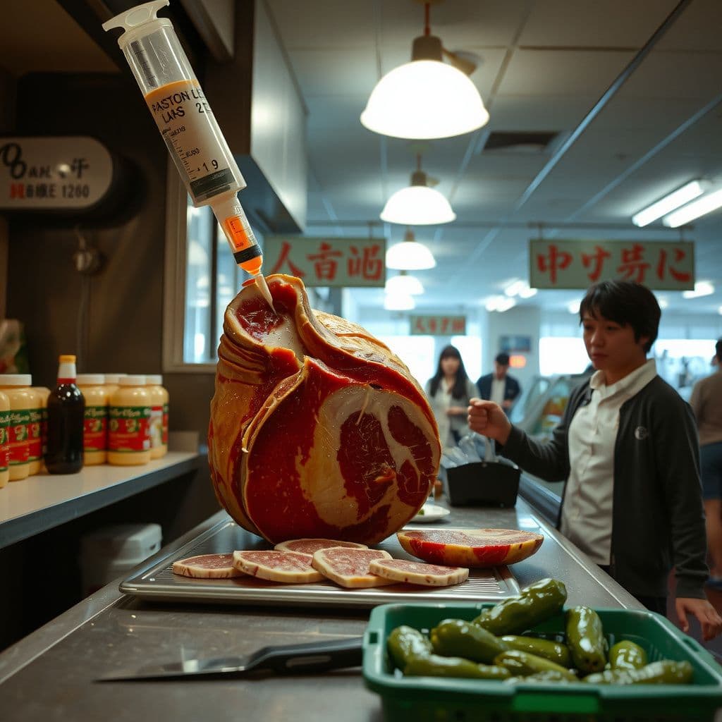 Surreal dream scene, cinematic and atmospheric, digital art: A person cautiously handling a large piece of ham with a visible syringe containing poison stuck in one end inside a busy Asian market, calmly slicing the meat at a checkout counter attended by a surprised cashier.
