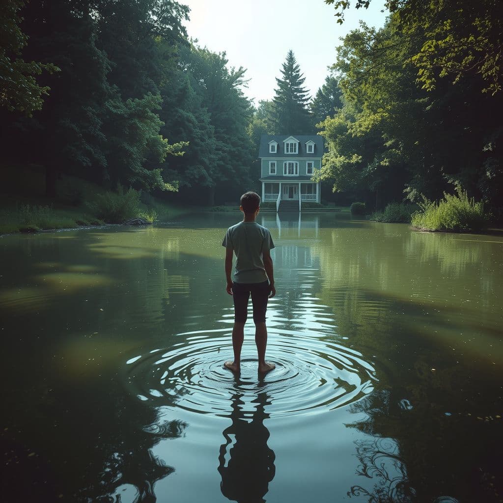 Surreal dream scene, cinematic and atmospheric, digital art: A dreamlike scene depicting a young person standing at the edge of a serene, flooded backyard merging into a lush forest, feeling both drawn to and hesitant about the shimmering green water beneath their feet, while a gentle, caring father figure calls them back to a hotel-like refuge in the distance.
