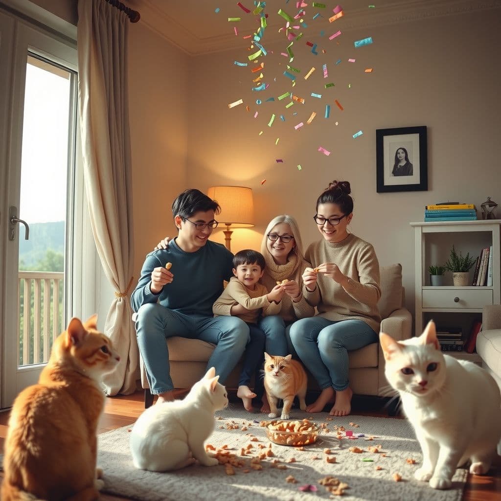 Surreal dream scene, cinematic and atmospheric, digital art: A cheerful scene of a family at home celebrating with colorful confetti poppers that sprinkle cat treats, with playful cats happily interacting around them in a cozy, warmly lit living room.