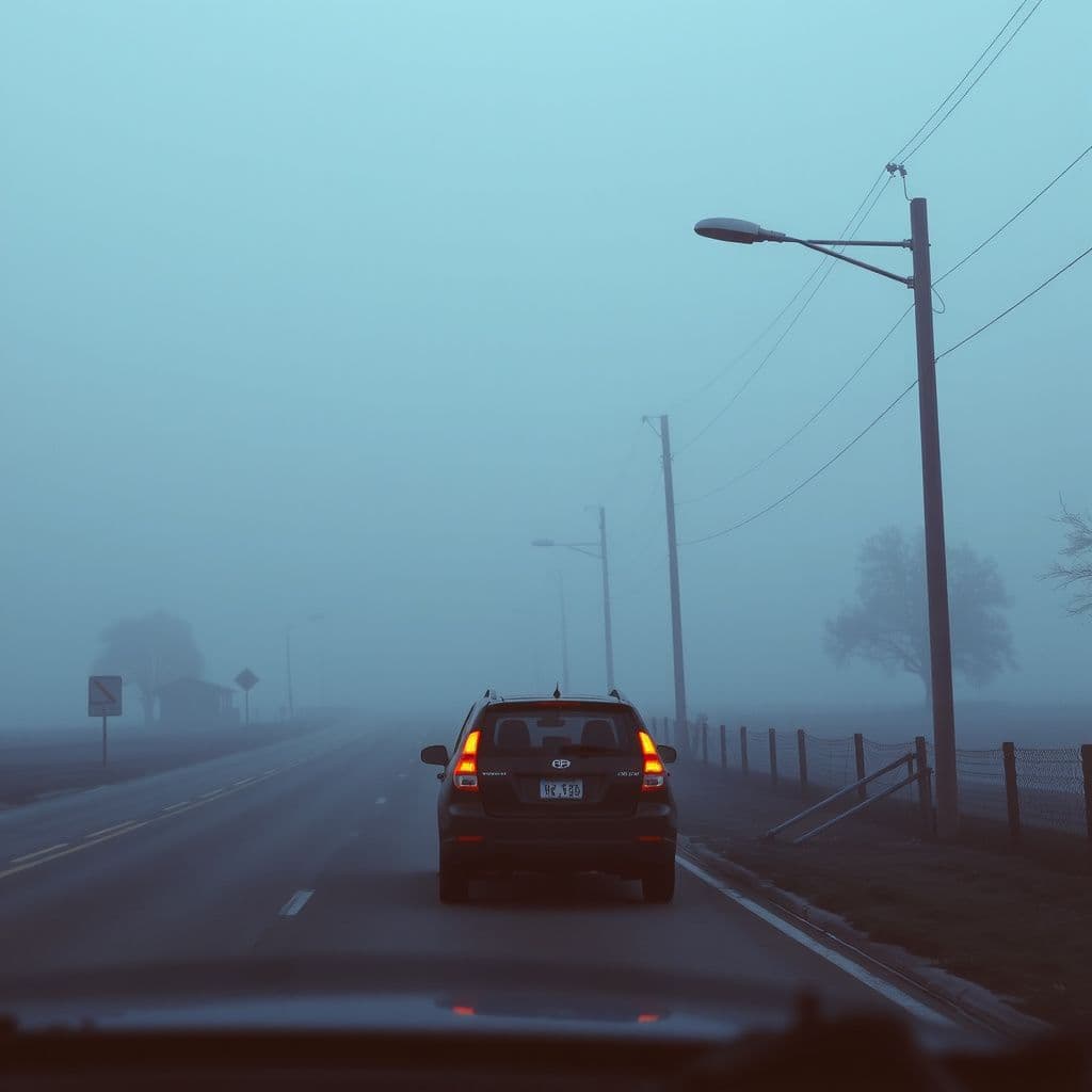 Surreal dream scene, cinematic and atmospheric, digital art: A vivid scene of a family car driving down a quiet country road as thick fog gradually envelops the path ahead, creating a mysterious and serene atmosphere.