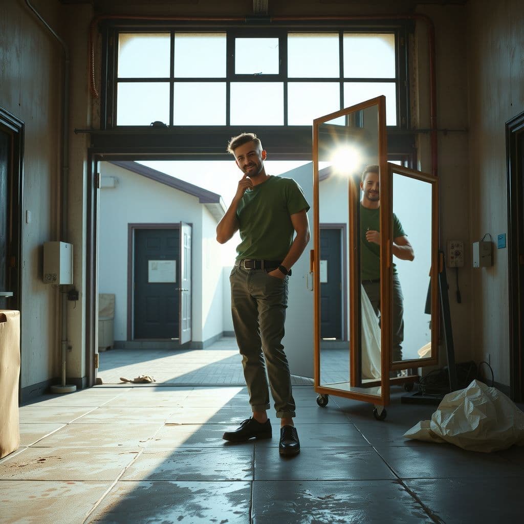 Surreal dream scene, cinematic and atmospheric, digital art: A person standing inside a bright industrial warehouse with an open bay door showing a sunny outdoor view, wearing slightly worn clothes and shoes that don’t quite fit, holding an ornate needle-like earpiece with a playful, mischievous grin reflected in a nearby mirror.