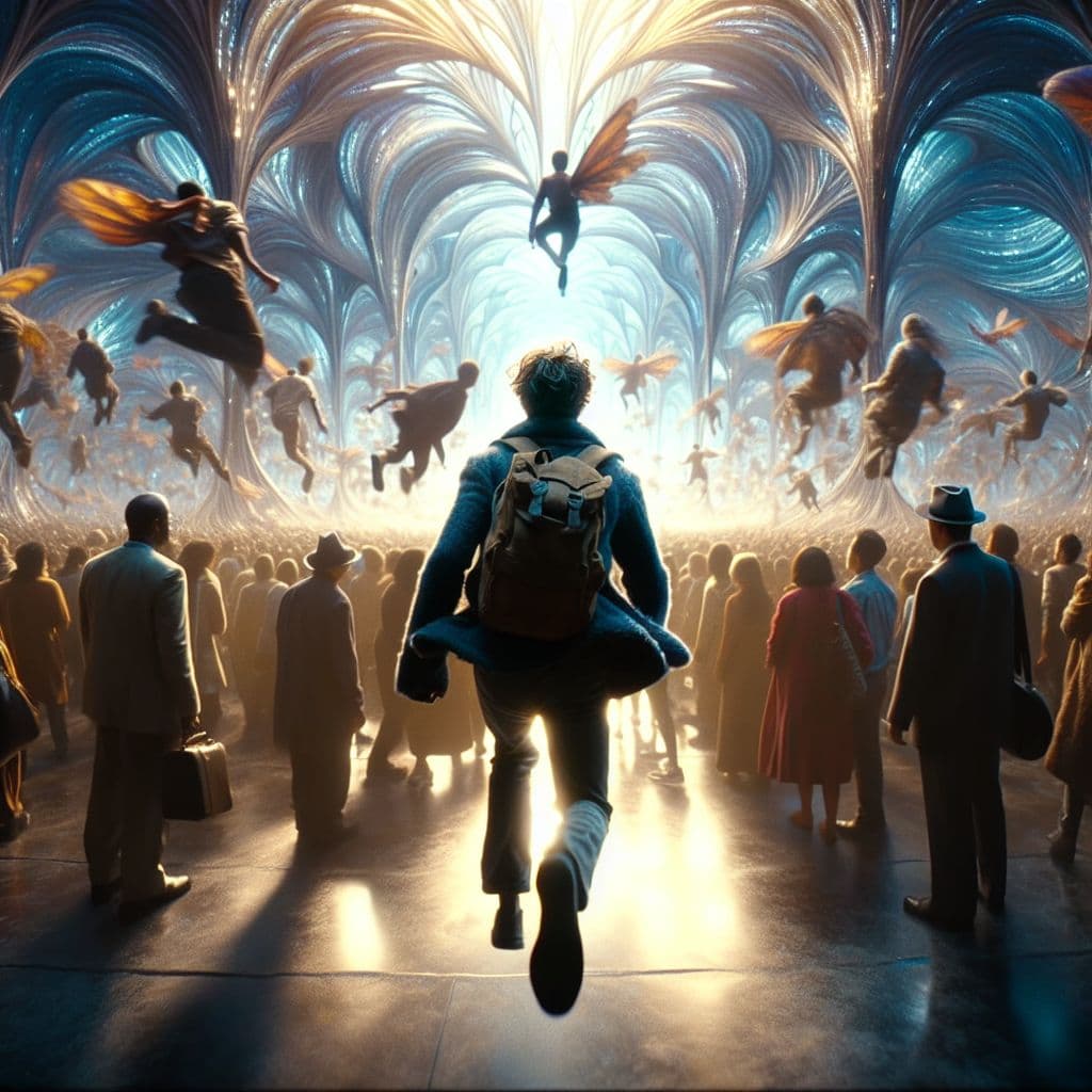 Digital art 4k scene from a movie: As they entered Meow Wolf, Benjamin impetuously pushed through the crowd, eager to explore the immersive exhibits, leaving their companion feeling shocked and apprehensive.