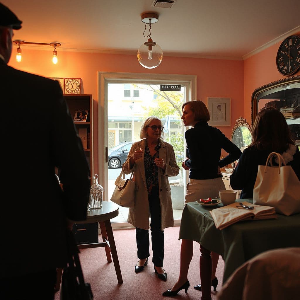 Surreal dream scene, cinematic and atmospheric, digital art: A surreal dreamlike scene inside a cozy boutique where two women, one in her 60s and the other in her 40s, share a playful and whimsical moment interrupted by a surprised customer entering, with warm natural lighting and a soft, imaginative atmosphere.