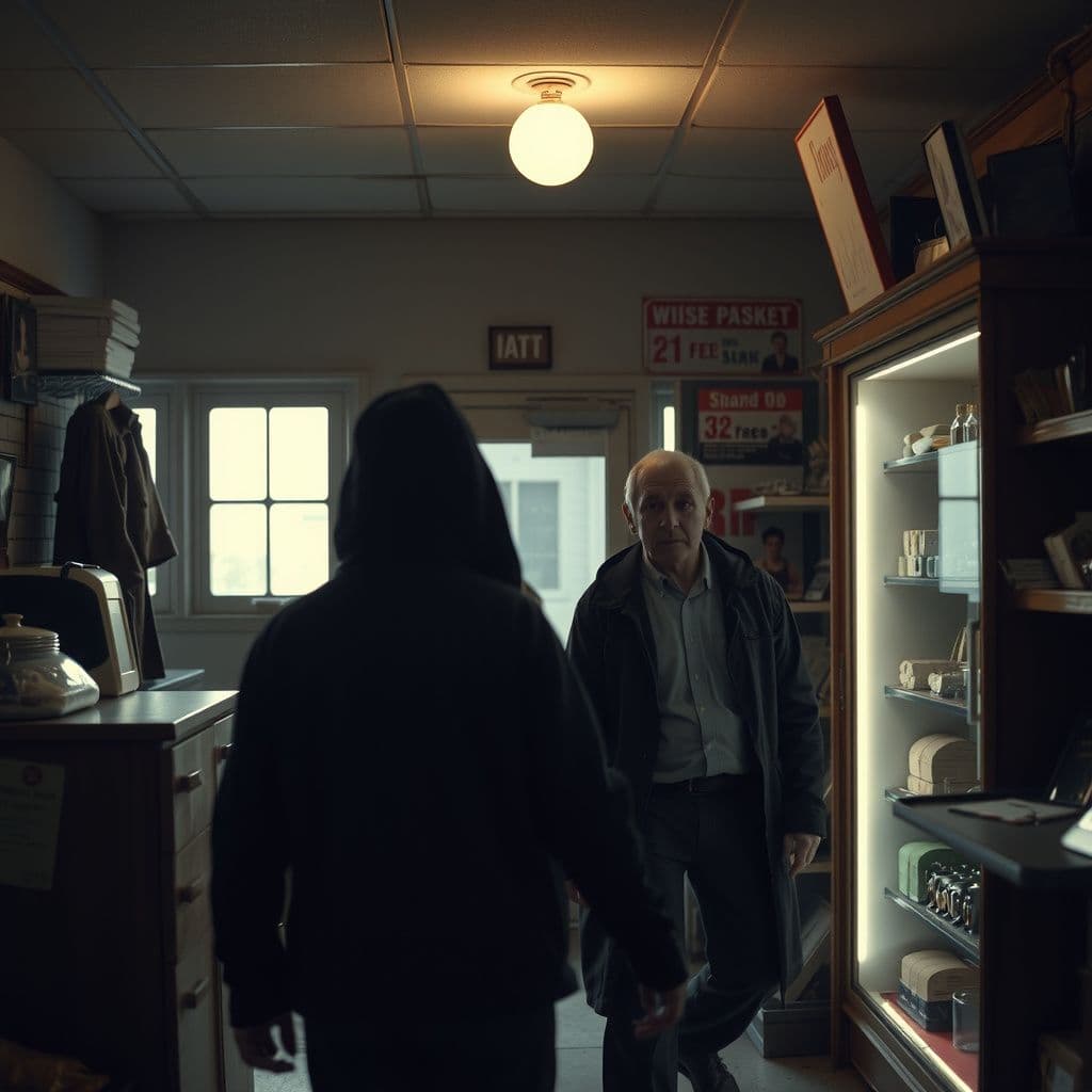 Surreal dream scene, cinematic and atmospheric, digital art: A tense scene inside a dimly lit store where a worried person tries to avoid a brooding and unstable old friend approaching them, capturing a mix of anxiety and fear in a suspenseful atmosphere.