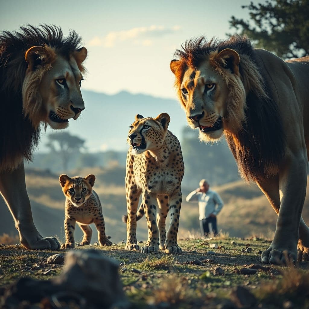 Surreal dream scene, cinematic and atmospheric, digital art: Two adult lions giving unwanted attention to a female cheetah while a younger lion approaches nearby, set against a natural savannah backdrop with a person watching cautiously from a short distance.