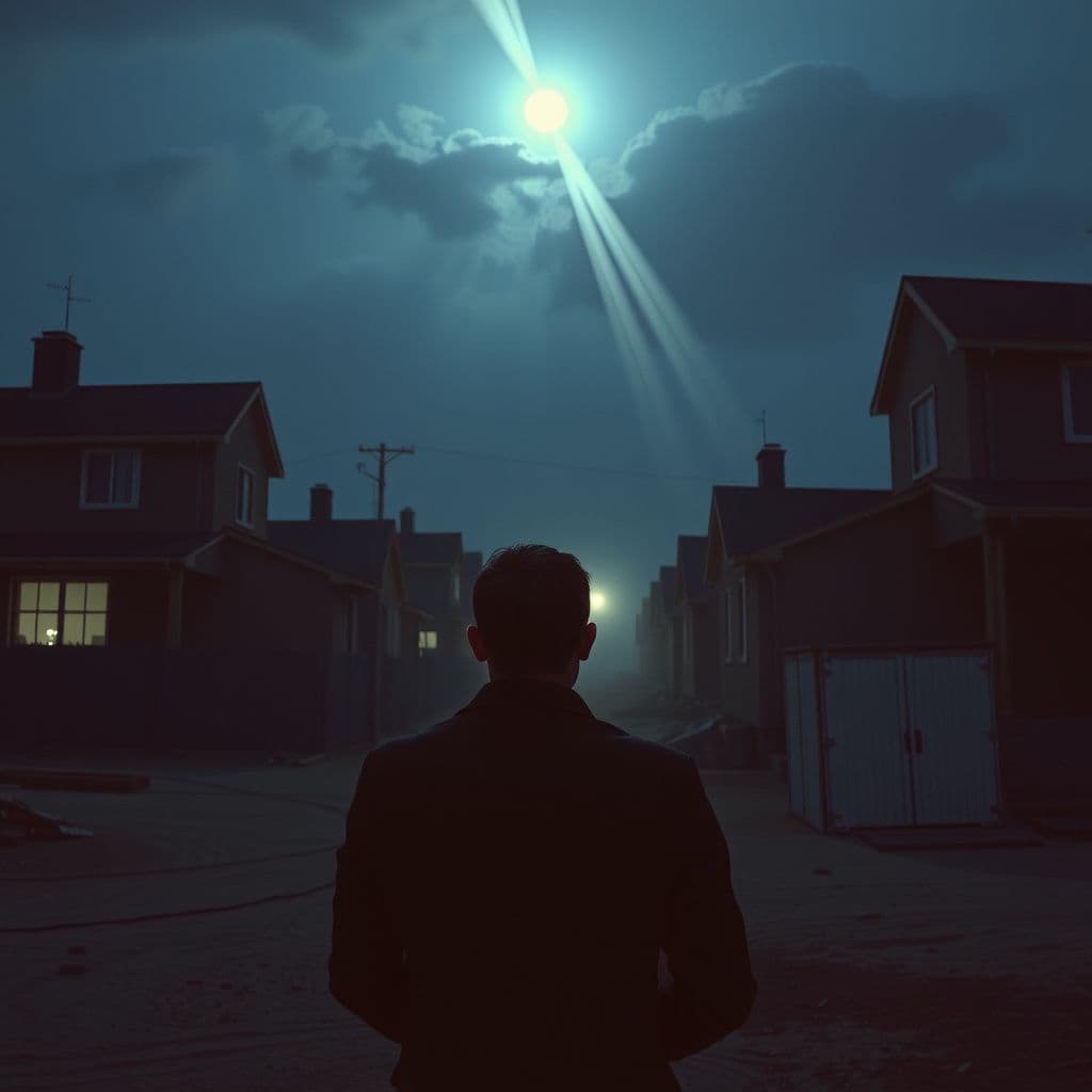 Surreal dream scene, cinematic and atmospheric, digital art: A tense scene at a dimly lit construction site where a person discovers their close friend Matt trying to harm them, with shadows cast across partially built homes and a shift to brighter light as Matt is apprehended.