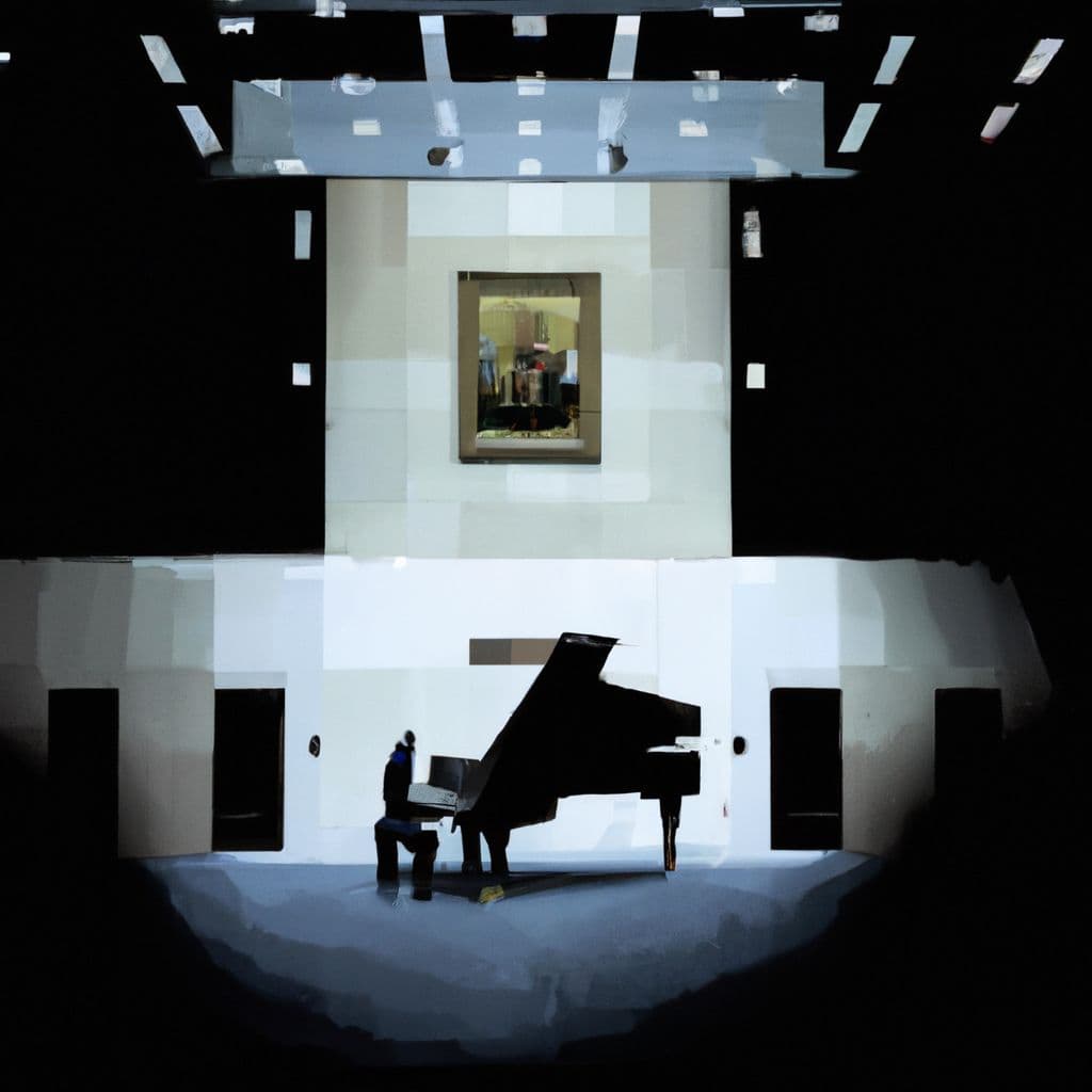 Digital art, A person stands patiently outside the door of the House of Representatives in Parliament House at Canberra, waiting for the crowd of people to exit, and upon entering the empty room, they discover a Yamaha piano tucked away in the corner, inviting them to start playing.