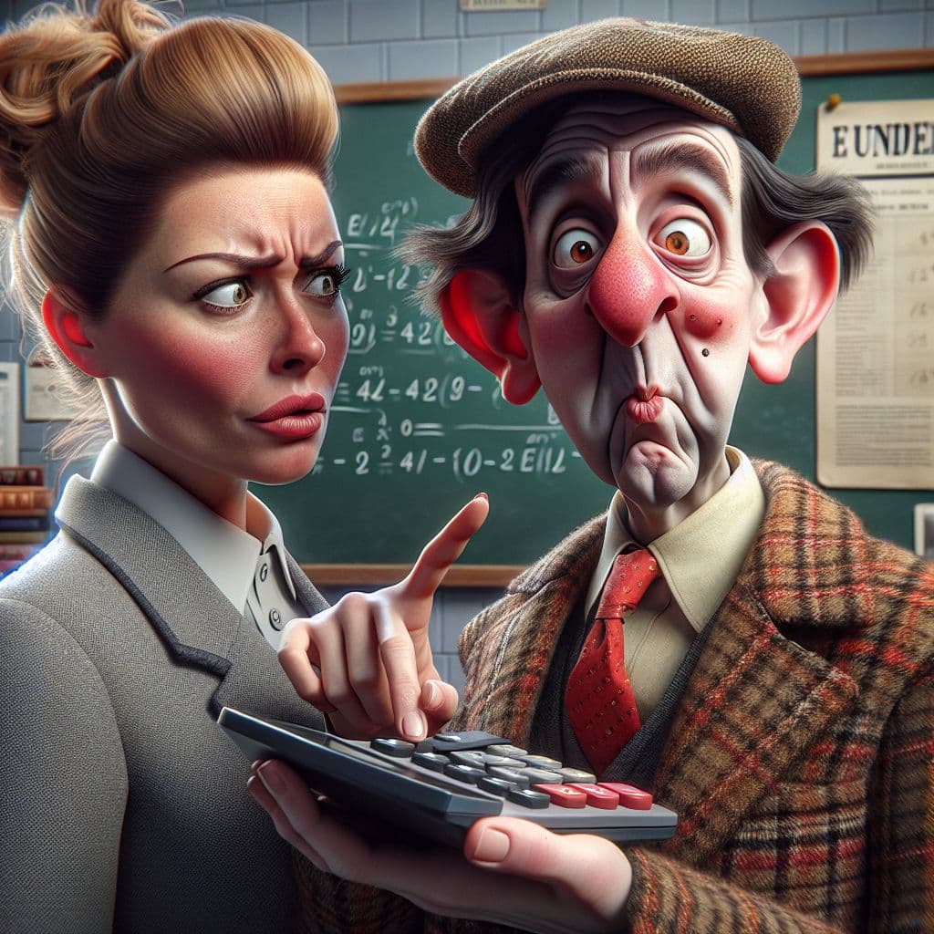 Digital art 4k scene from a movie: Mr. Bean looks confused while using a calculator, trying to prove to Irma Gobb that university students are not necessarily as smart as some may think.