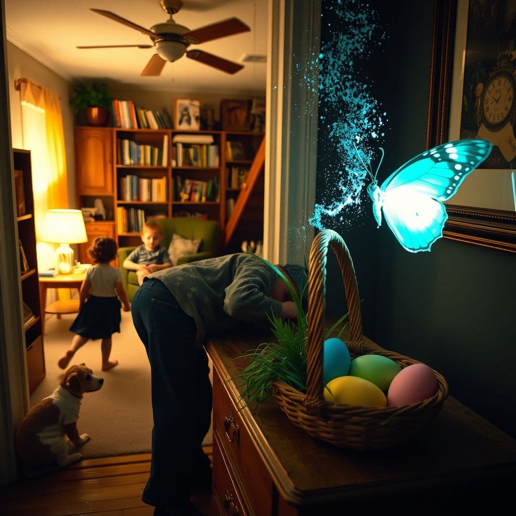 Surreal dream scene, cinematic and atmospheric, digital art: A cozy county heritage center library on an upper floor filled with playful children, a child carefully snipping fake grass near a delicate butterfly with a damaged wing releasing shimmering powder, vibrant glow-in-the-dark Easter eggs in a basket, and a worn nightstand repurposed for toys, all bathed in warm, soft light.