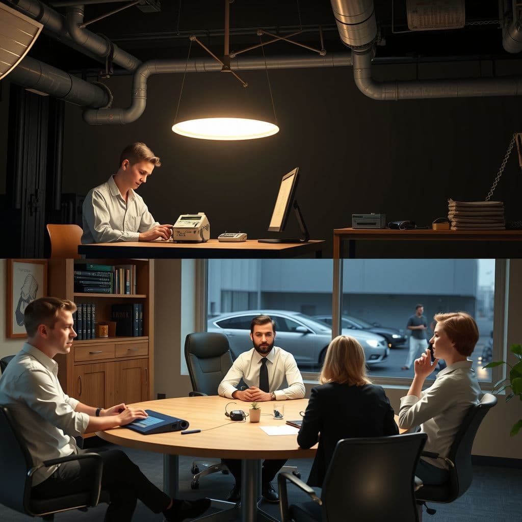 Surreal dream scene, cinematic and atmospheric, digital art: A vintage factory night shift scene showing two workers carefully calibrating small medical devices with focused expressions, transitioning into a modern conference room where a group of professionals around a round table discuss business strategy optimistically, one gesturing as if speaking on an imaginary phone.