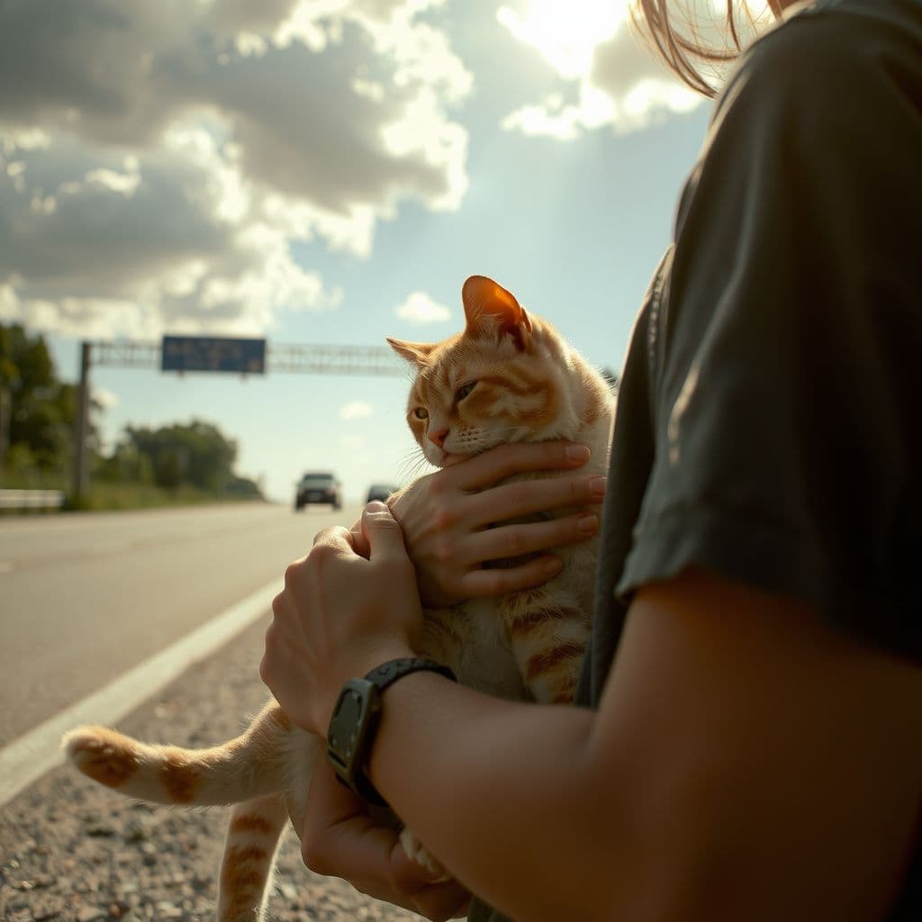 Surreal dream scene, cinematic and atmospheric, digital art: A person lovingly cradles their distressed cat named Tippy beside a quiet highway, gently massaging its belly with concern under a soft, dreamy afternoon light.