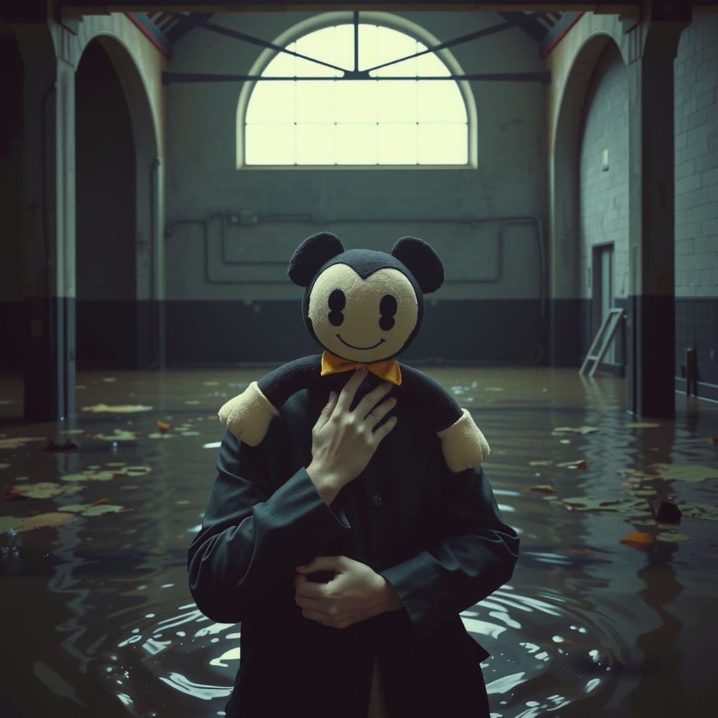Surreal dream scene, cinematic and atmospheric, digital art: A person gently holding a waterlogged, sentient Bendy plushie in their arms inside a dimly lit, flooded cement building in a peaceful countryside setting.