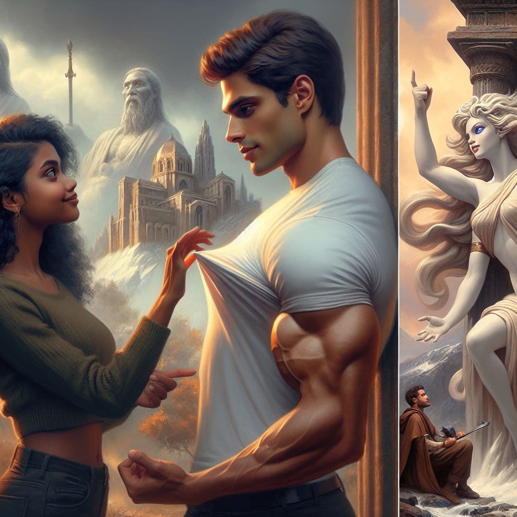 Surreal dream scene, cinematic and atmospheric, digital art: A confident young man is flirting with a girl as she playfully feels his biceps in front of his family near an ancient temple, while nearby a thoughtful young man, conceived through in vitro fertilization, reflects on his challenging childhood, and a heroic figure dressed as Muse prepares to face a group of challengers with determination.