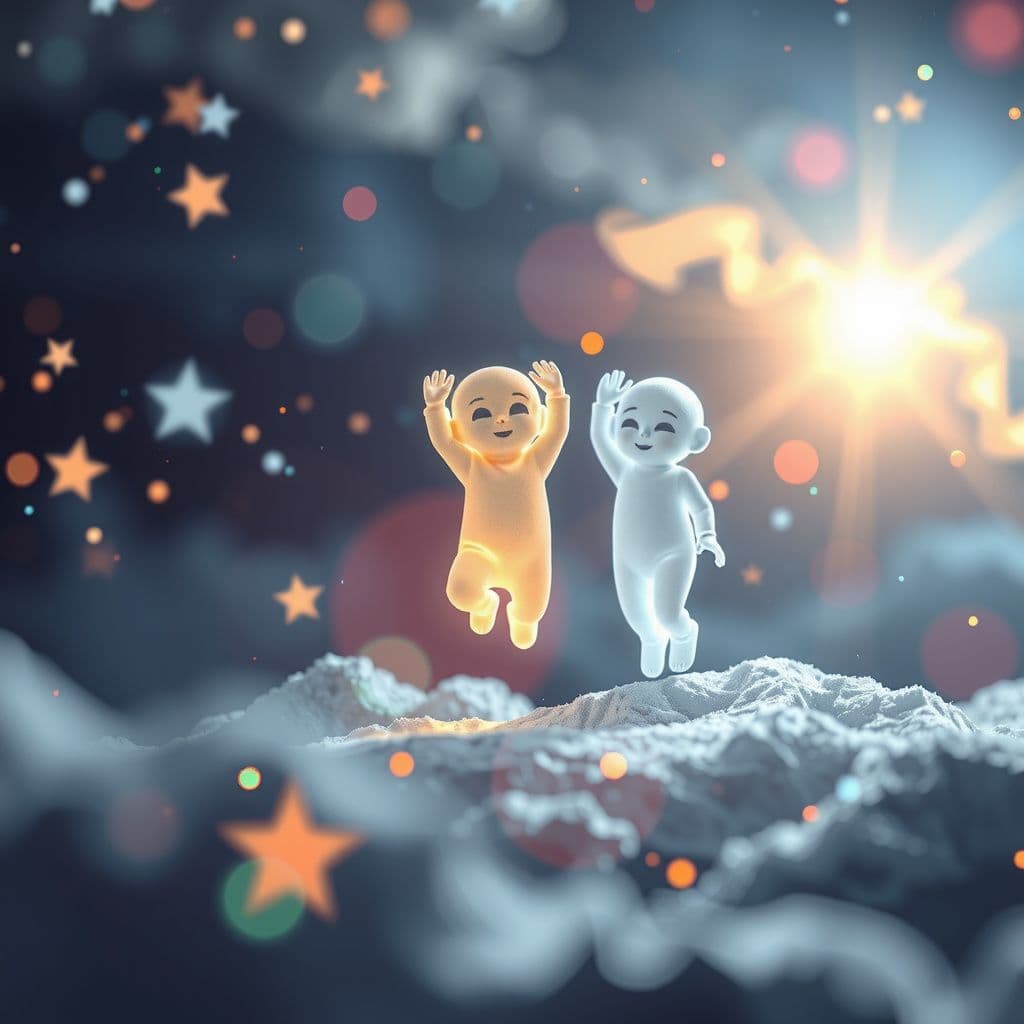 Surreal dream scene, cinematic and atmospheric, digital art: A vibrant dreamlike scene of two glowing figures, one small and one medium-sized, playfully tossed into the air with ethereal souls gently floating nearby, surrounded by a soft cosmic light and shimmering stars.