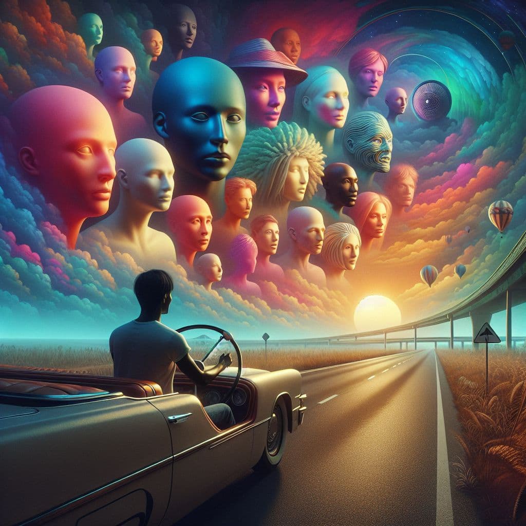 Surreal dream scene, cinematic and atmospheric, digital art: A surreal dreamscape featuring a person driving with an oversized steering wheel on a highway, encountering friendly colleagues by the roadside under a vibrant, colorful sky.
