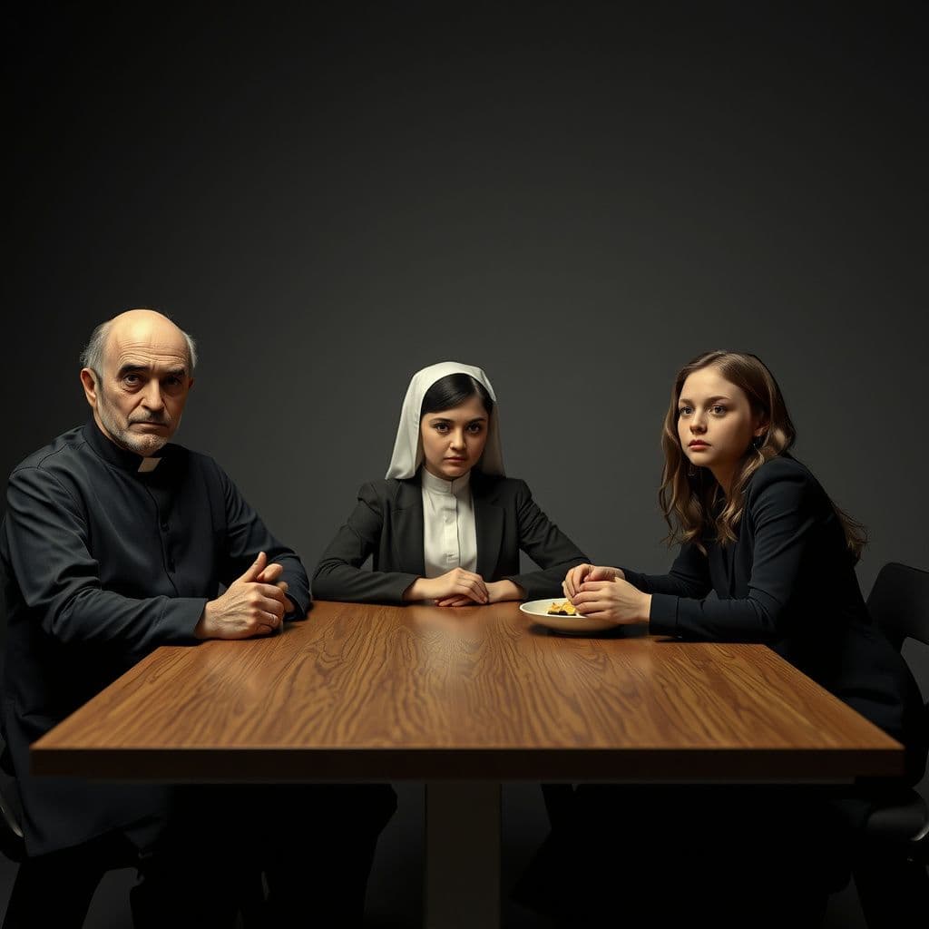 Surreal dream scene, cinematic and atmospheric, digital art: A relaxed impastor sitting at a table group with a disappointed nun-like young woman and a curious girl, in a calm and casual setting, conveying subtle tension and humor.