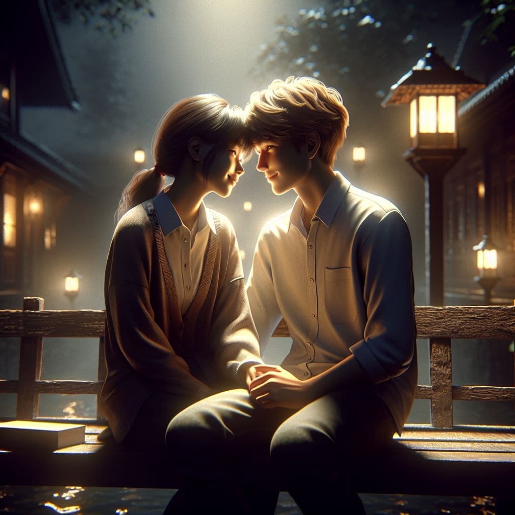 Digital art 4k scene from a movie: Generate an image of two students sitting on a wooden bench in a dark, nighttime setting, sharing a gentle kiss on the lips with faint smiles on their faces.
