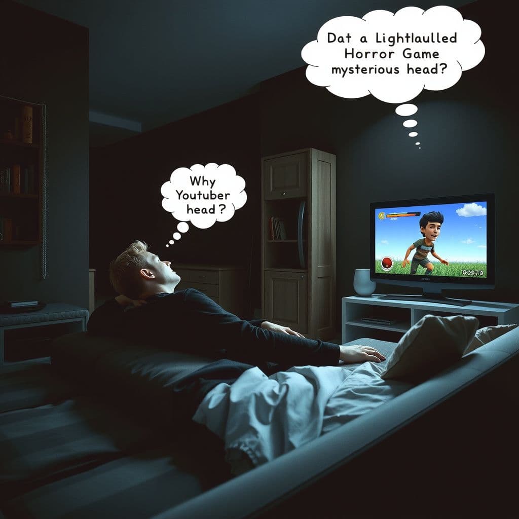 Surreal dream scene, cinematic and atmospheric, digital art: A cozy living room scene with a person peacefully asleep on a couch while a YouTuber named Yub plays a lighthearted horror game on a nearby TV, with dreamy, whimsical thought bubbles showing imagined dialogue about a mysterious head.