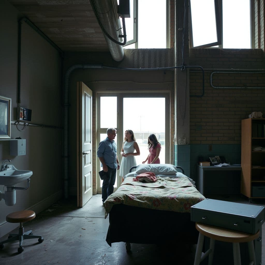 Surreal dream scene, cinematic and atmospheric, digital art: A group of women cautiously trying to create privacy in an open women's bathroom without walls near an old warehouse, while a man taking inventory looks on indifferently, and nearby a medical unit with a bed and quilts is being tidied up in a cluttered office setting.