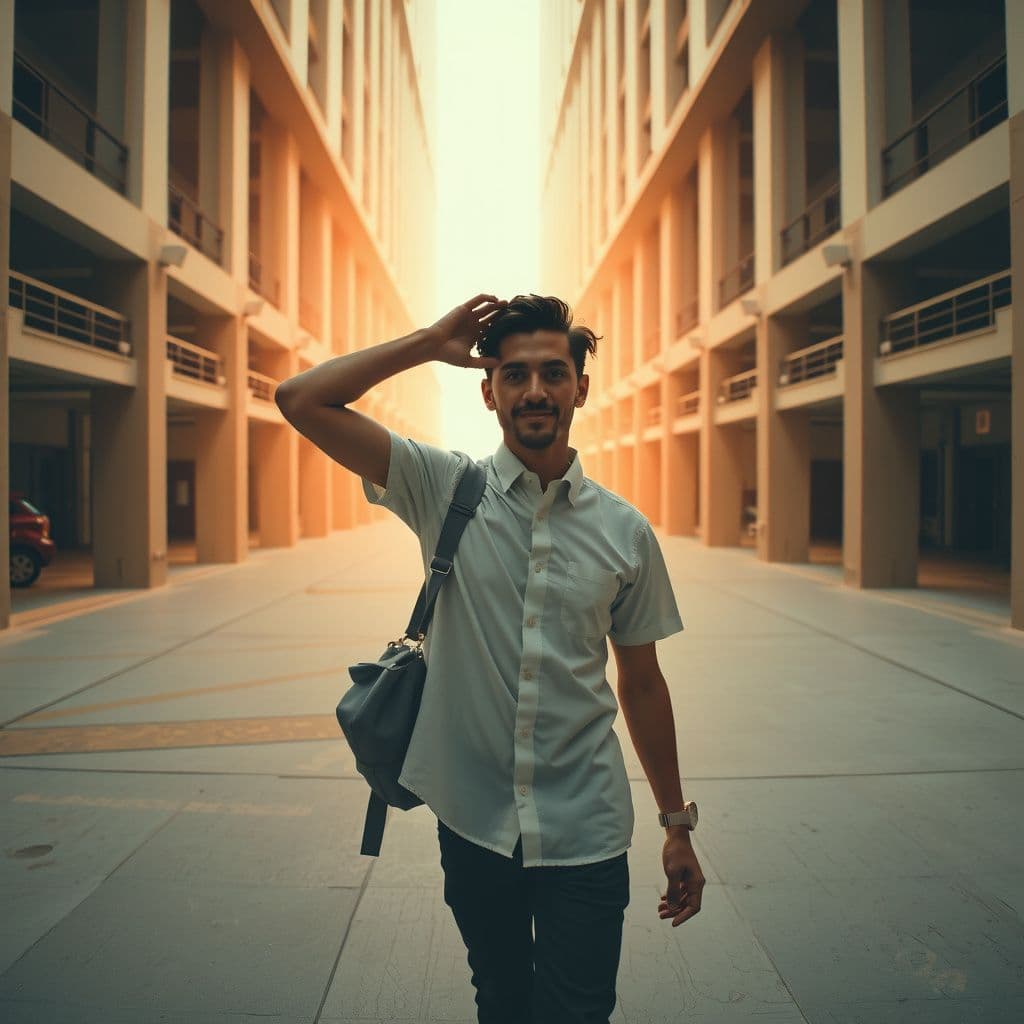 Surreal dream scene, cinematic and atmospheric, digital art: A confident person walking through a vast, maze-like building while casually applying shampoo to their clean hair, expressing a playful and lighthearted moment.