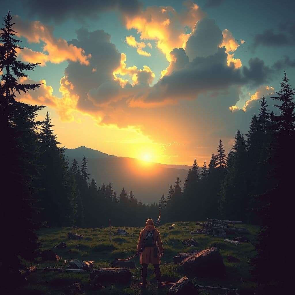 Surreal dream scene, cinematic and atmospheric, digital art: A Bow-like hero stands solemnly in a lush forest clearing, surrounded by remnants of a recent battle, as they seek redemption and the trust of their companions under a vibrant sunset sky.