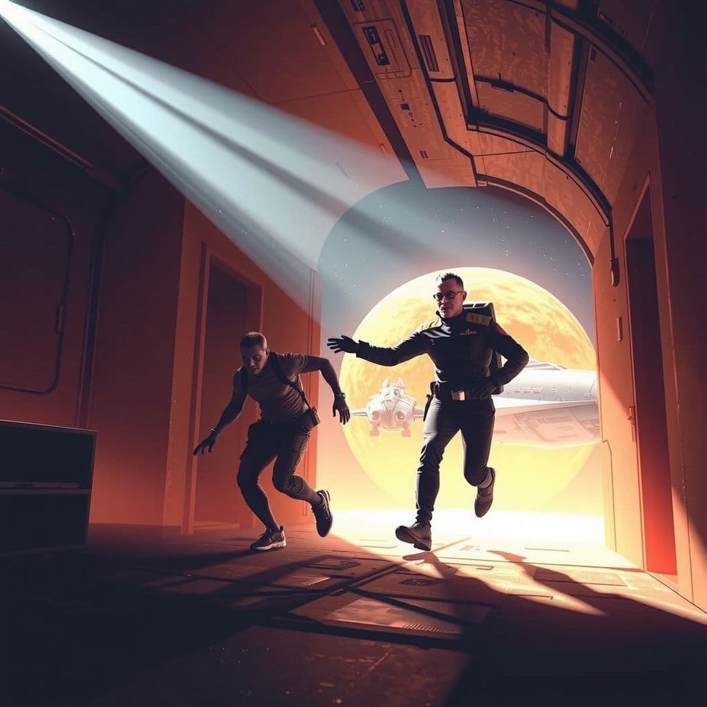 Surreal dream scene, cinematic and atmospheric, digital art: A courageous Starfleet officer dashes through a dimly lit alien starship corridor to rescue a surprised captive from an otherworldly prison, with a futuristic starship visible in the background preparing for a tense escape.