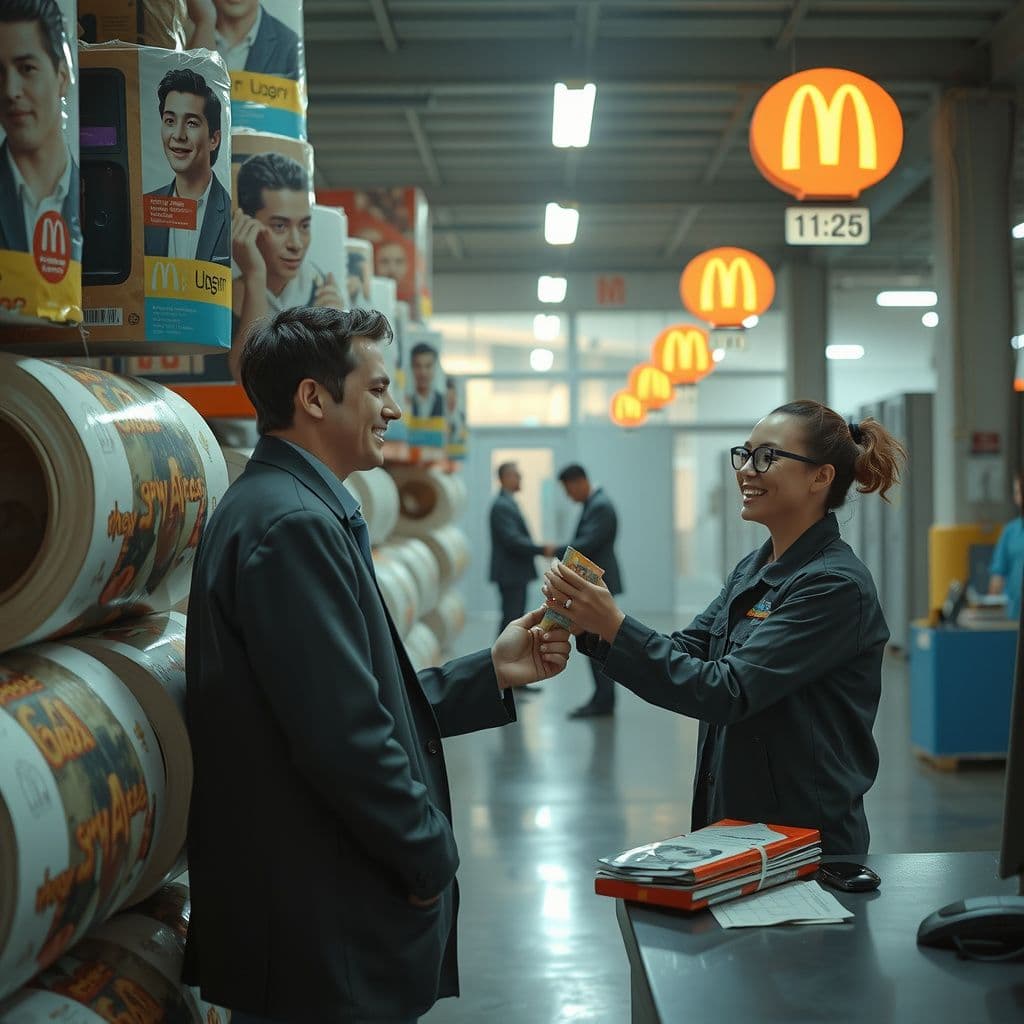 Surreal dream scene, cinematic and atmospheric, digital art: A person in a colorful warehouse stacking large rolls decorated with images of TV shows and musicians, smiling as they receive McDonald's sandwich coupons from a cheerful coworker near a control desk.