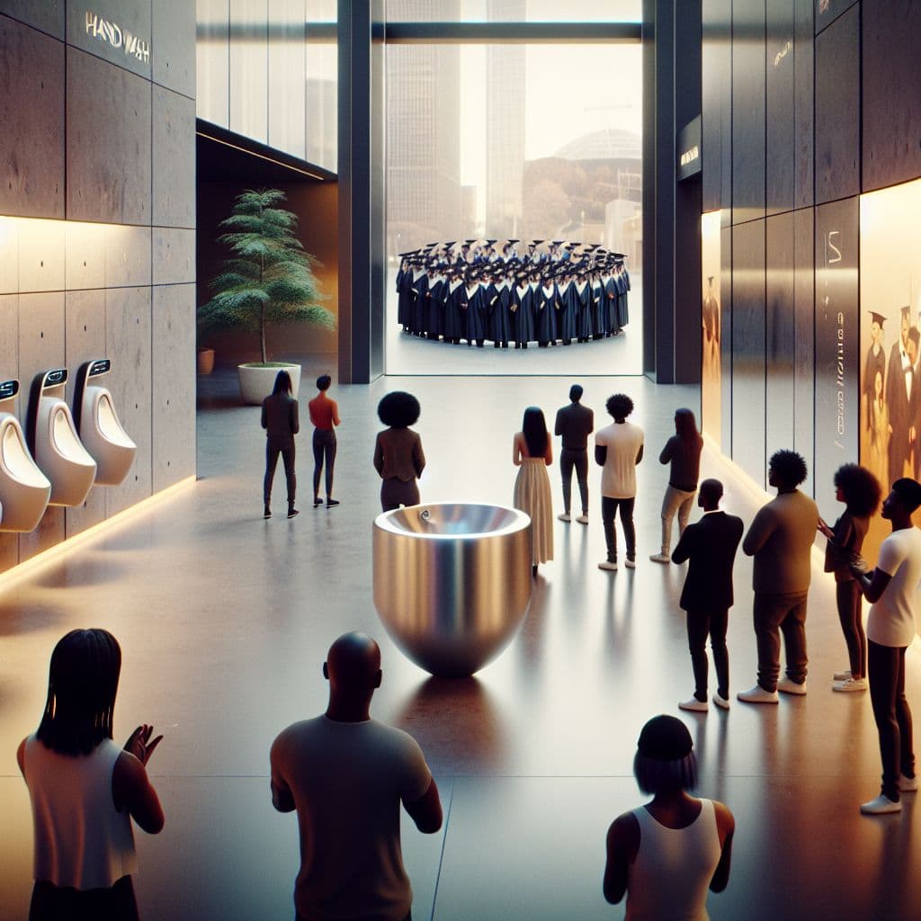 Surreal dream scene, cinematic and atmospheric, digital art: A quiet, empty shopping mall hallway leading to a modern bathroom with a unique self-compressing metal pipe hand washing station, while a small group of friends watches a graduation celebration featuring dads singing on a nearby TV.